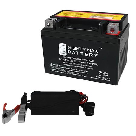 MIGHTY MAX BATTERY YTX4L-BS 12V 3AH Replaces YUASA MOTORCYCLE BATTERY With 12V 1AMP CHARGER MAX3453402